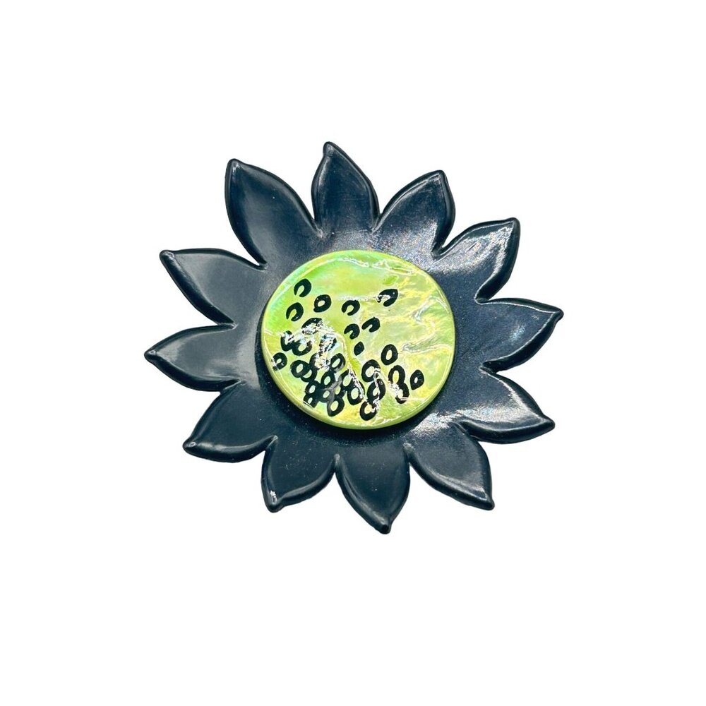 Vintage Black and Green Sunflower Brooch Painted Plastic Flower Pin Handcrafted